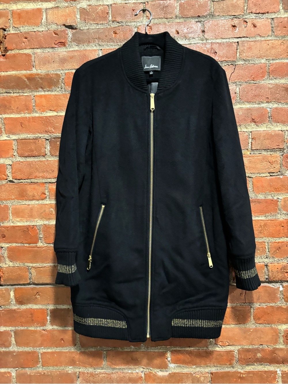 Sam Edelman Long Bomber Jacket - Black with Gold Details